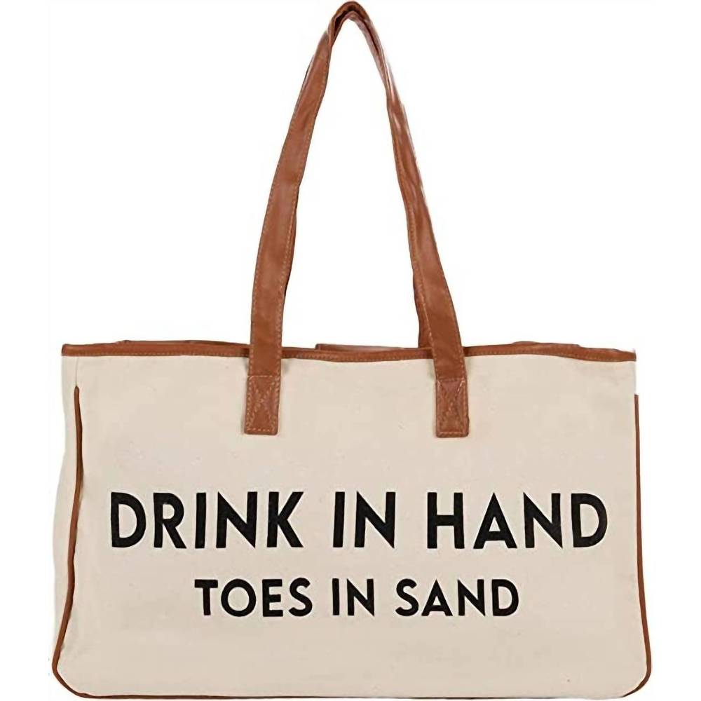 NEW FUNKY JUNQUE large cotton "drink in hand toes in sand" tote bag in beige